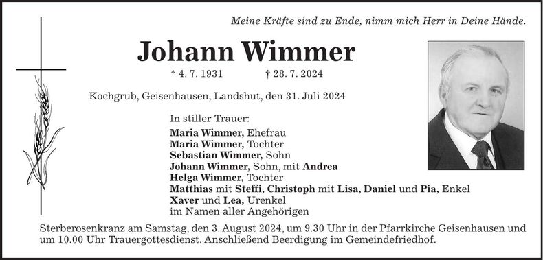 Traueranzeige Johann Wimmer