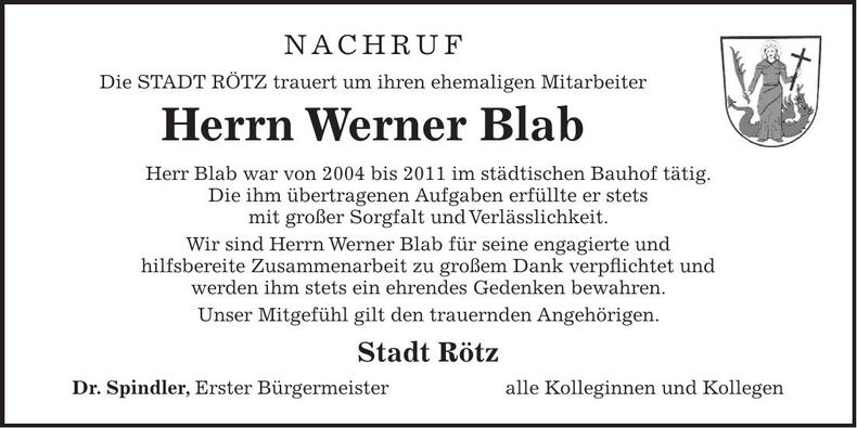 Traueranzeige Werner Blab
