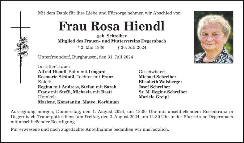 Traueranzeige Rosa Hiendl