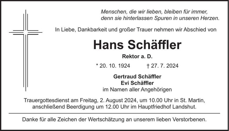 Traueranzeige Hans Schäffler