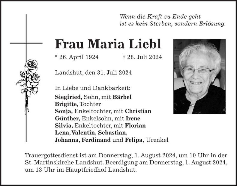 Traueranzeige Maria Liebl