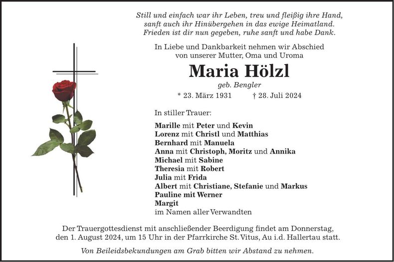 Traueranzeige Maria Hölzl