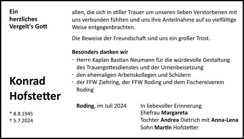 Traueranzeige Konrad Hofstetter