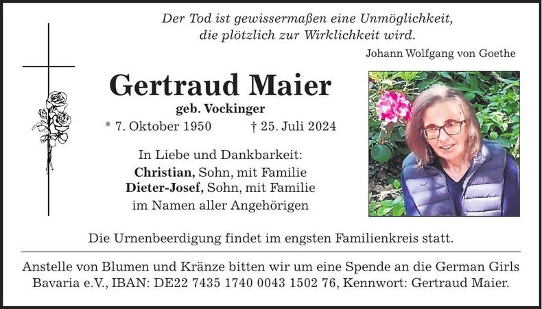 Traueranzeige Gertraud Maier