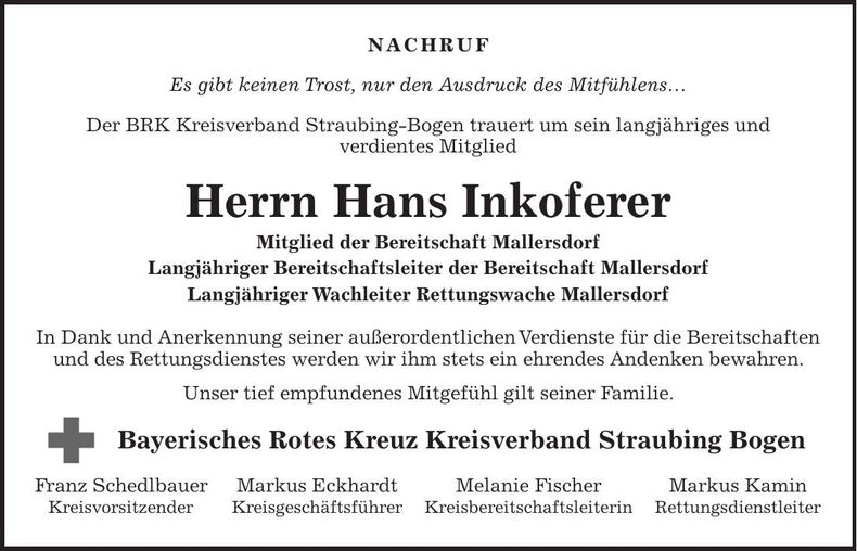 Traueranzeige Hans Inkoferer