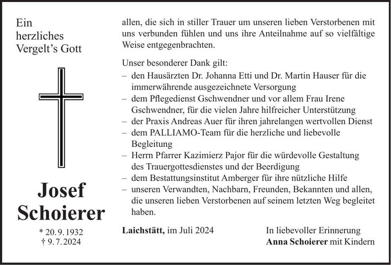 Traueranzeige Josef Schoierer