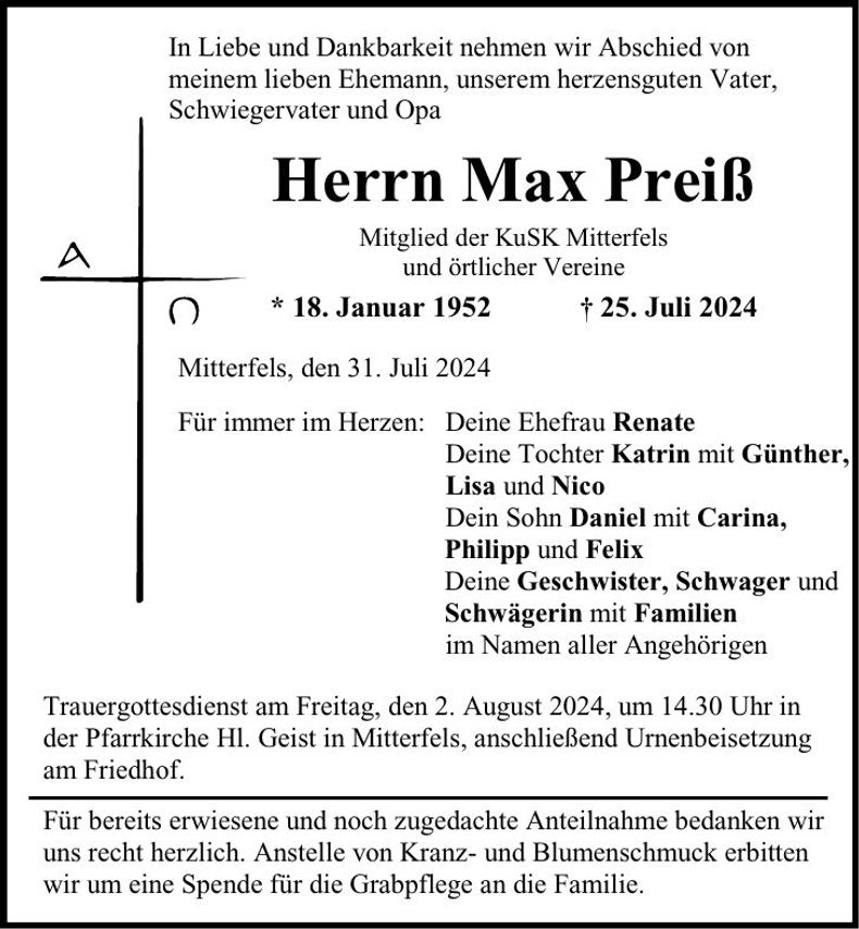 Traueranzeige Max Preiß