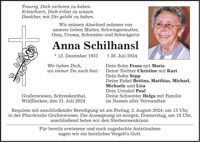 Traueranzeige Anna Schilhansl
