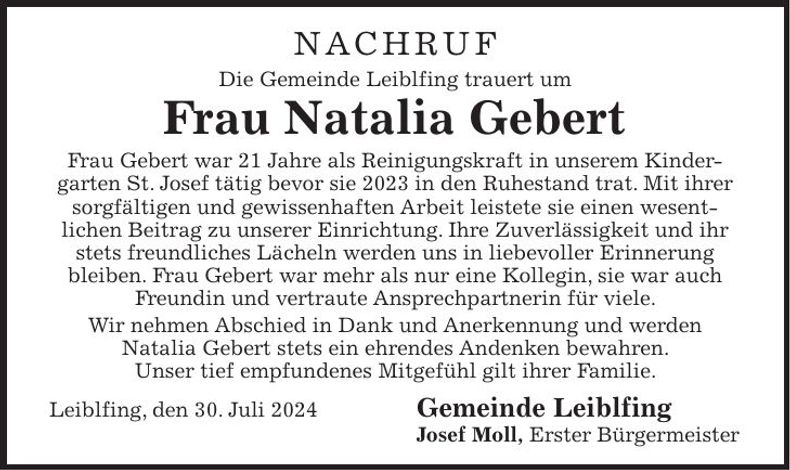 Traueranzeige Natalia Gebert