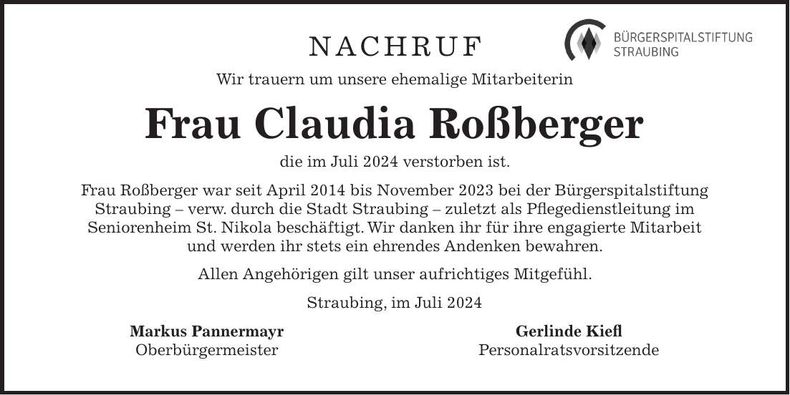 Traueranzeige Claudia Roßberger