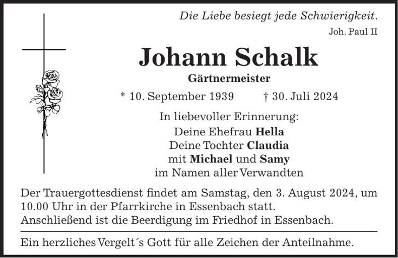 Traueranzeige Johann Schalk