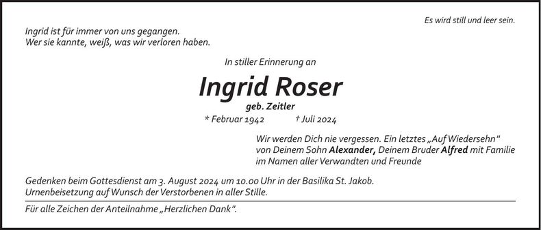 Traueranzeige Ingrid Roser