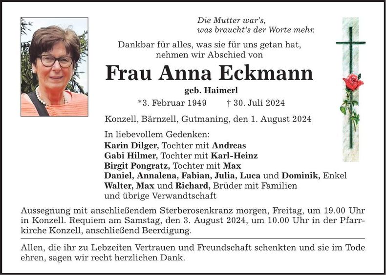 Traueranzeige Anna Eckmann