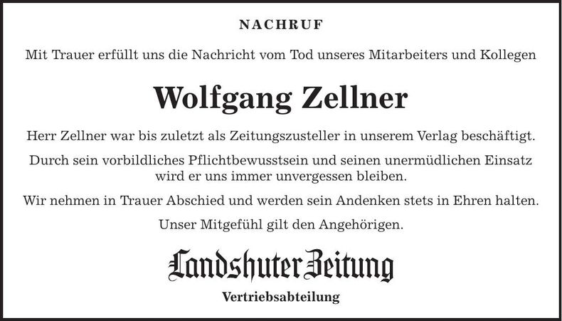 Traueranzeige Wolfgang Zellner