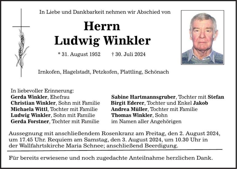 Traueranzeige Ludwig Winkler