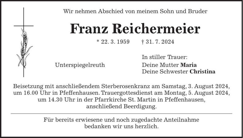 Traueranzeige Franz Reichermeier