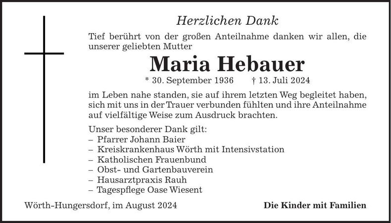 Traueranzeige Maria Hebauer