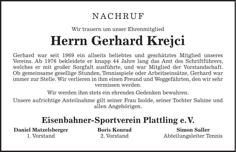 Traueranzeige Gerhard Krejci