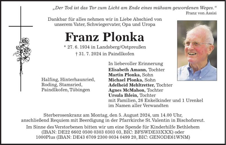Traueranzeige Franz Plonka