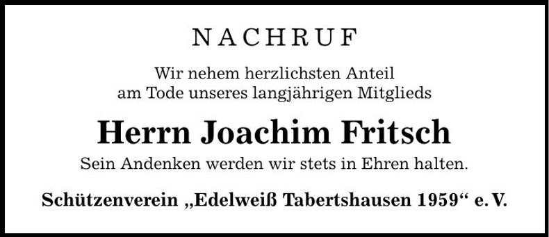 Traueranzeige Joachim Fritsch