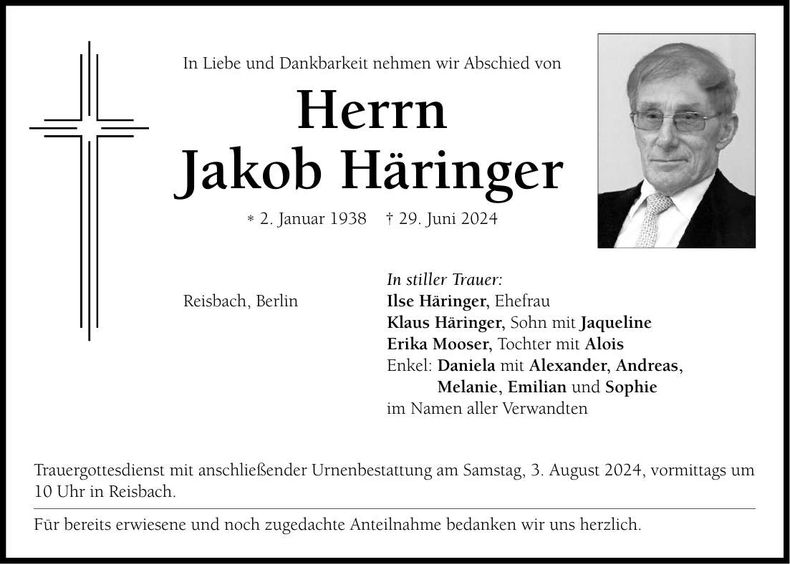 Traueranzeige Jakob Häringer