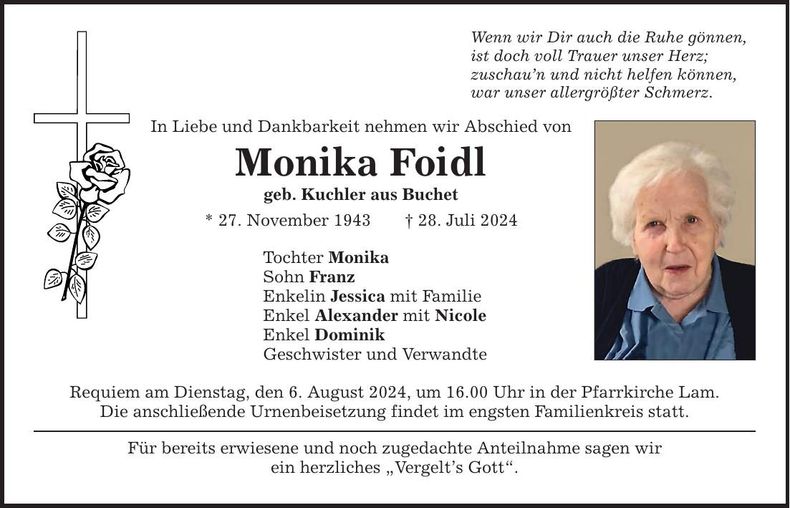 Traueranzeige Monika Foidl