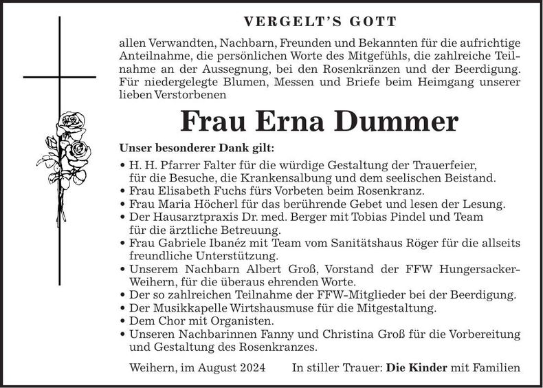 Traueranzeige Erna Dummer
