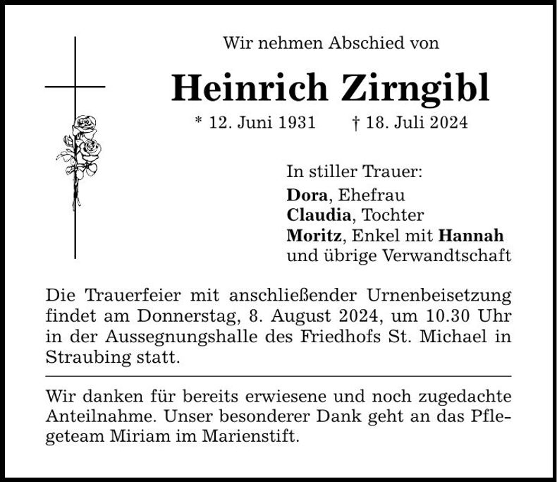 Traueranzeige Heinrich Zirngibl