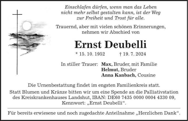 Traueranzeige Ernst Deubelli