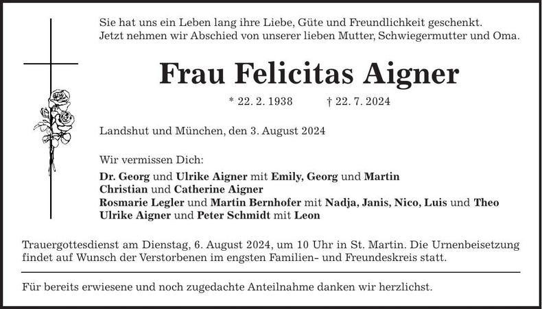 Traueranzeige Felicitas Aigner