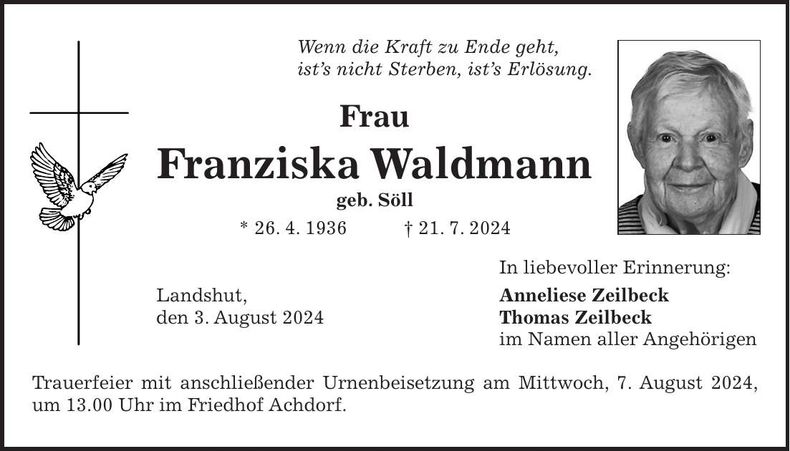 Traueranzeige Franziska Waldmann