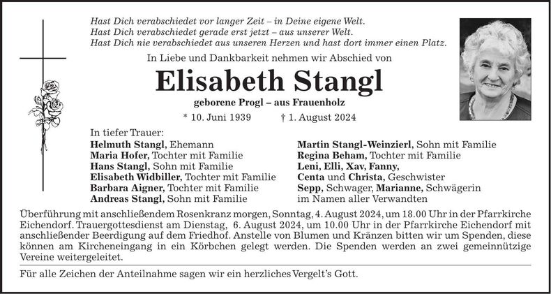 Traueranzeige Elisabeth Stangl