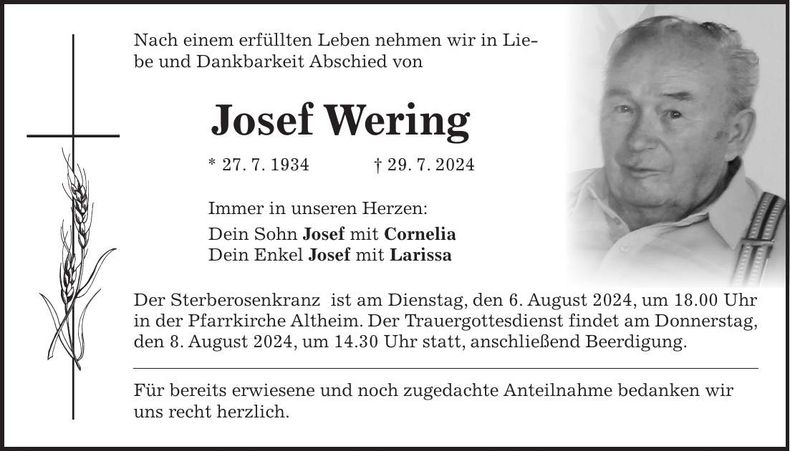 Traueranzeige Josef Wering