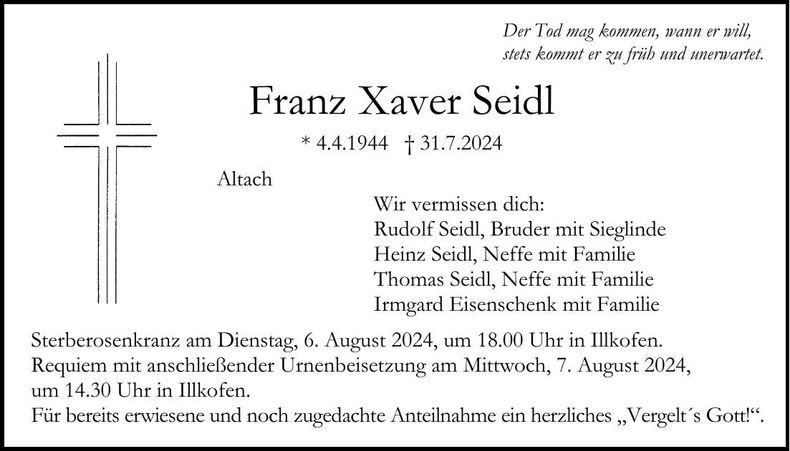 Traueranzeige Franz Xaver Seidl