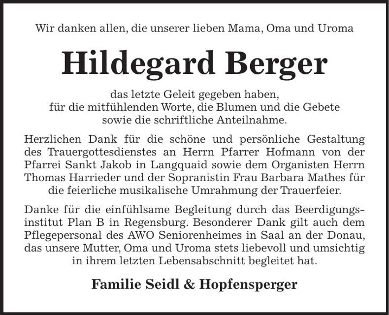 Traueranzeige Hildegard Berger