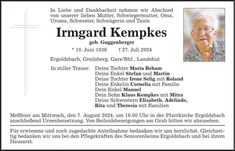 Traueranzeige Irmgard Kempkes