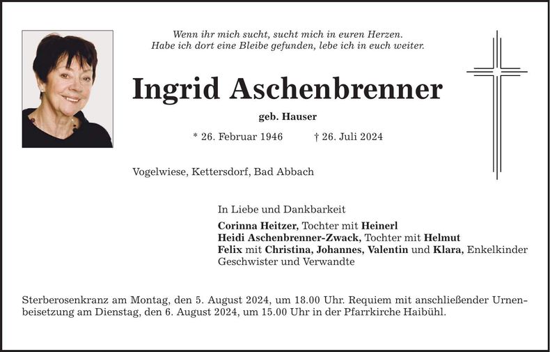 Traueranzeige Ingrid Aschenbrenner