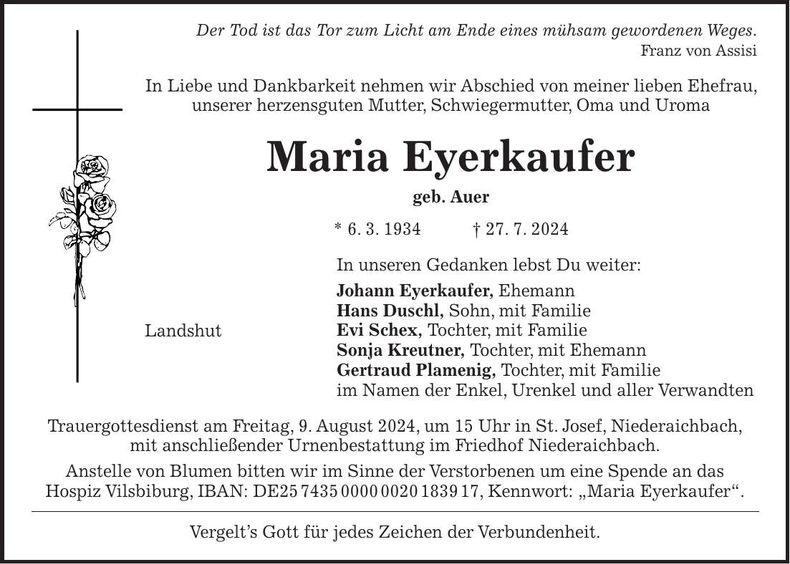 Traueranzeige Maria Eyerkaufer