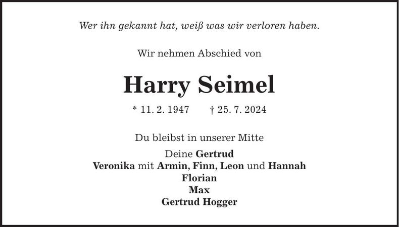 Traueranzeige Harry Seimel