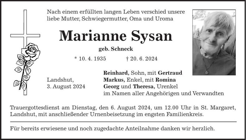 Traueranzeige Marianne Sysan