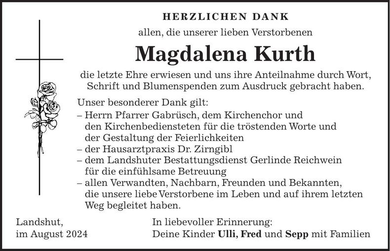 Traueranzeige Magdalena Kurth