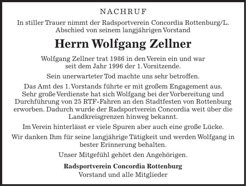 Traueranzeige Wolfgang Zellner