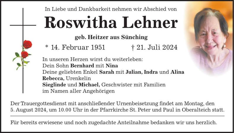 Traueranzeige Roswitha Lehner