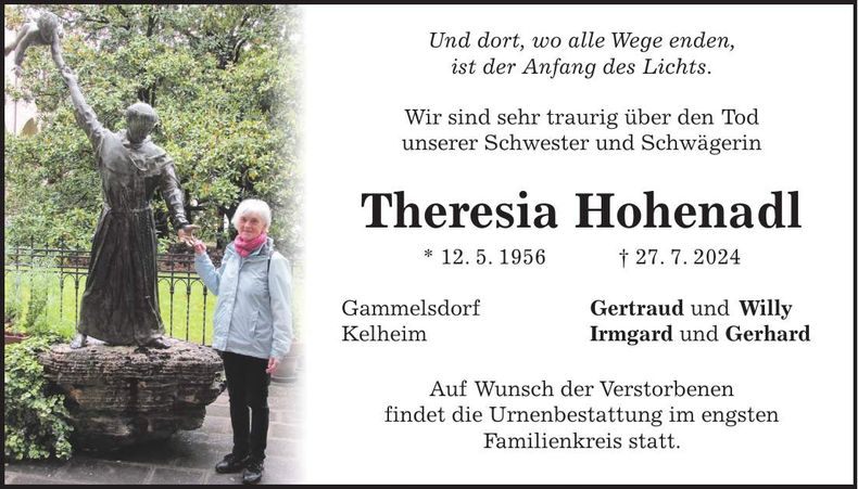 Traueranzeige Theresia Hohenadl