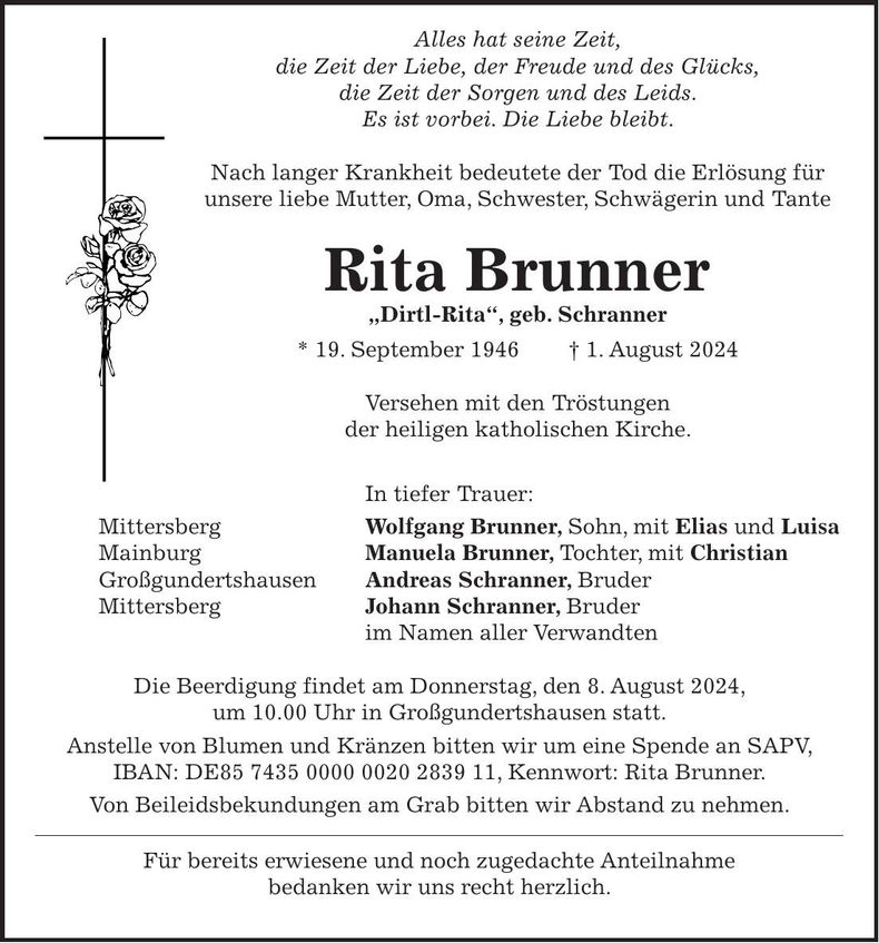 Traueranzeige Rita Brunner