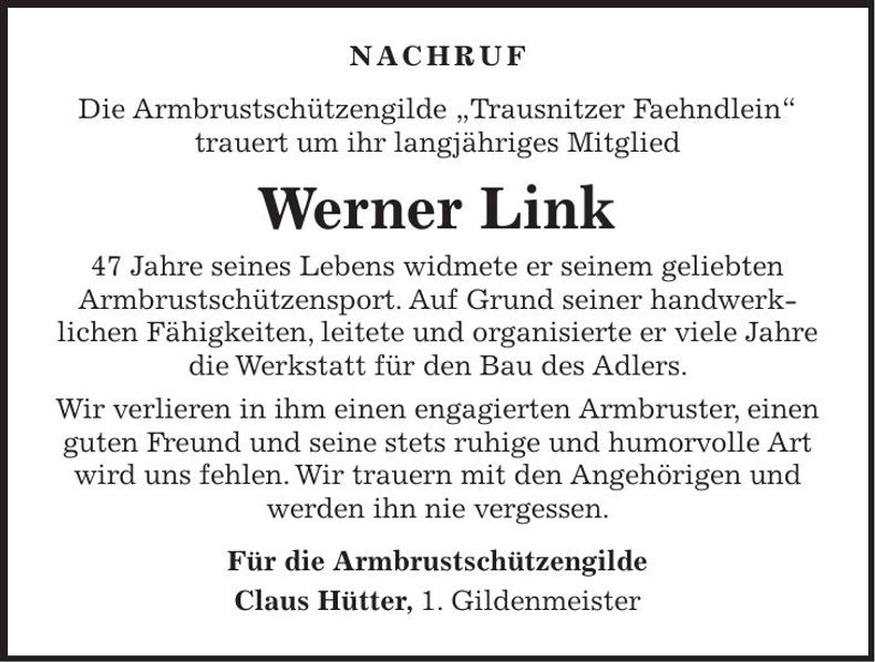 Traueranzeige Werner Link