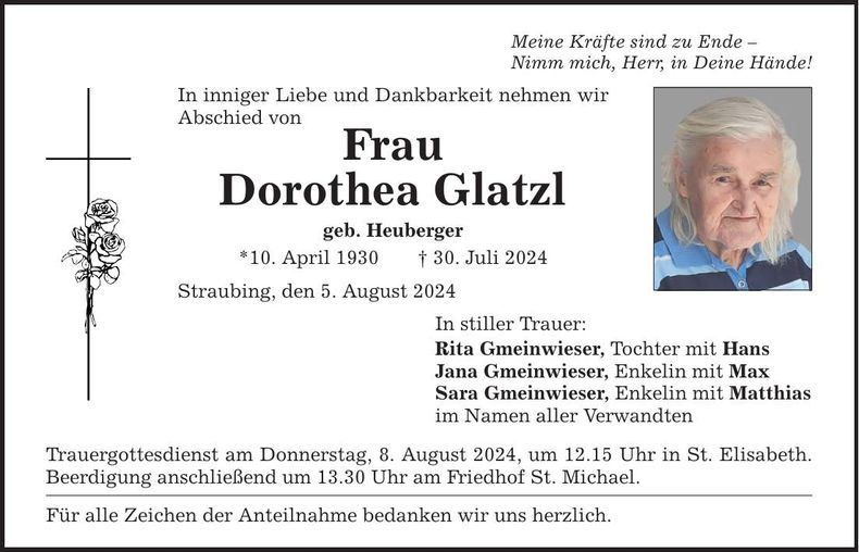 Traueranzeige Dorothea Glatzl