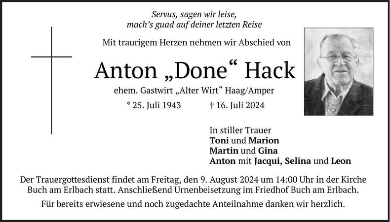 Traueranzeige Anton Hack