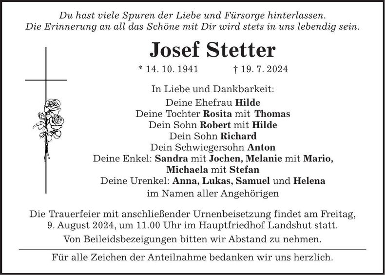 Traueranzeige Josef Stetter