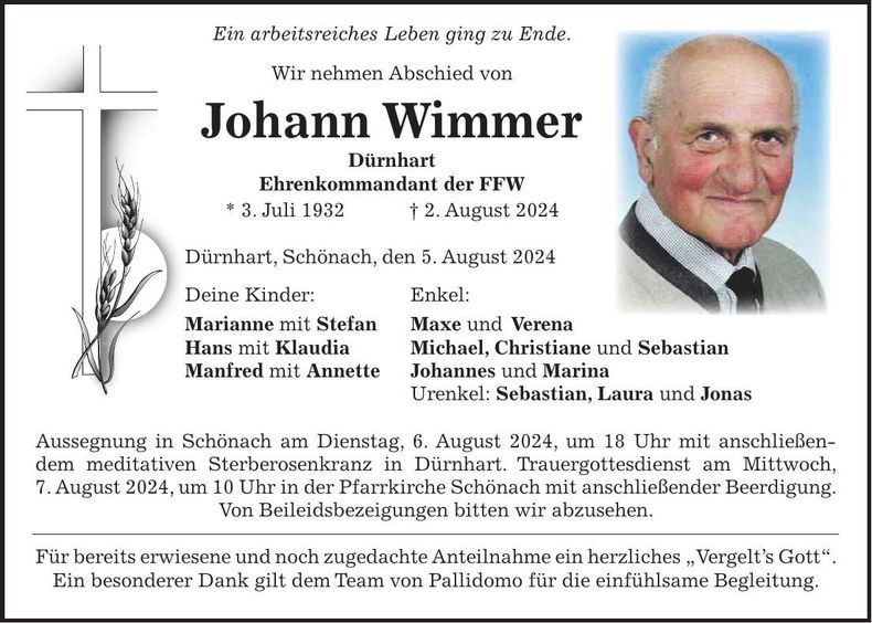 Traueranzeige Johann Wimmer